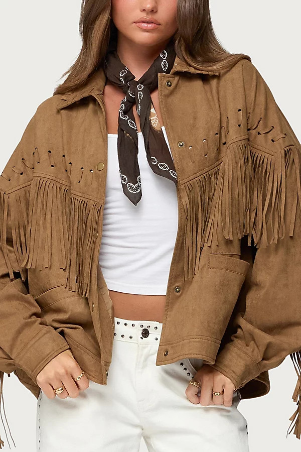 Edikted Evonka Fringe Faux Suede Jacket in Brown, Women's at Urban Outfitters | Urban Outfitters (US and RoW)