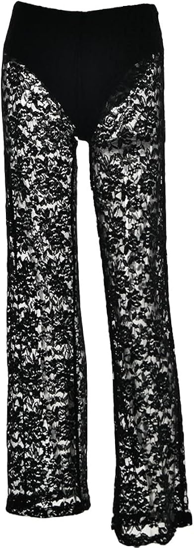 Women Floral Lace Sheer Mesh Pants Sexy Elastic High Waist See Through Flare Bell Trouser Y2K Wid... | Amazon (US)