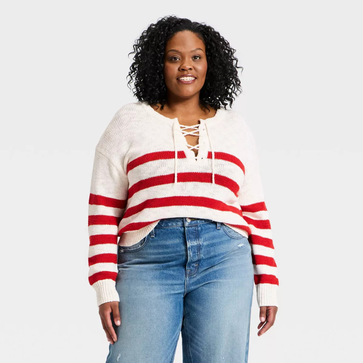Women's Lace Up Crewneck Pullover Sweater - Universal Thread™ Red Striped XXL | Target