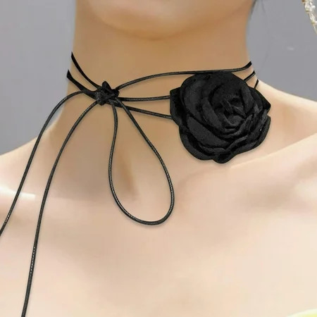 Segolike Flower Choker Necklace Lace up Choker Fabric Rose Necklace Trendy Rose Choker Floral Choker for Engagement Party Holiday Date Black | Walmart (US)