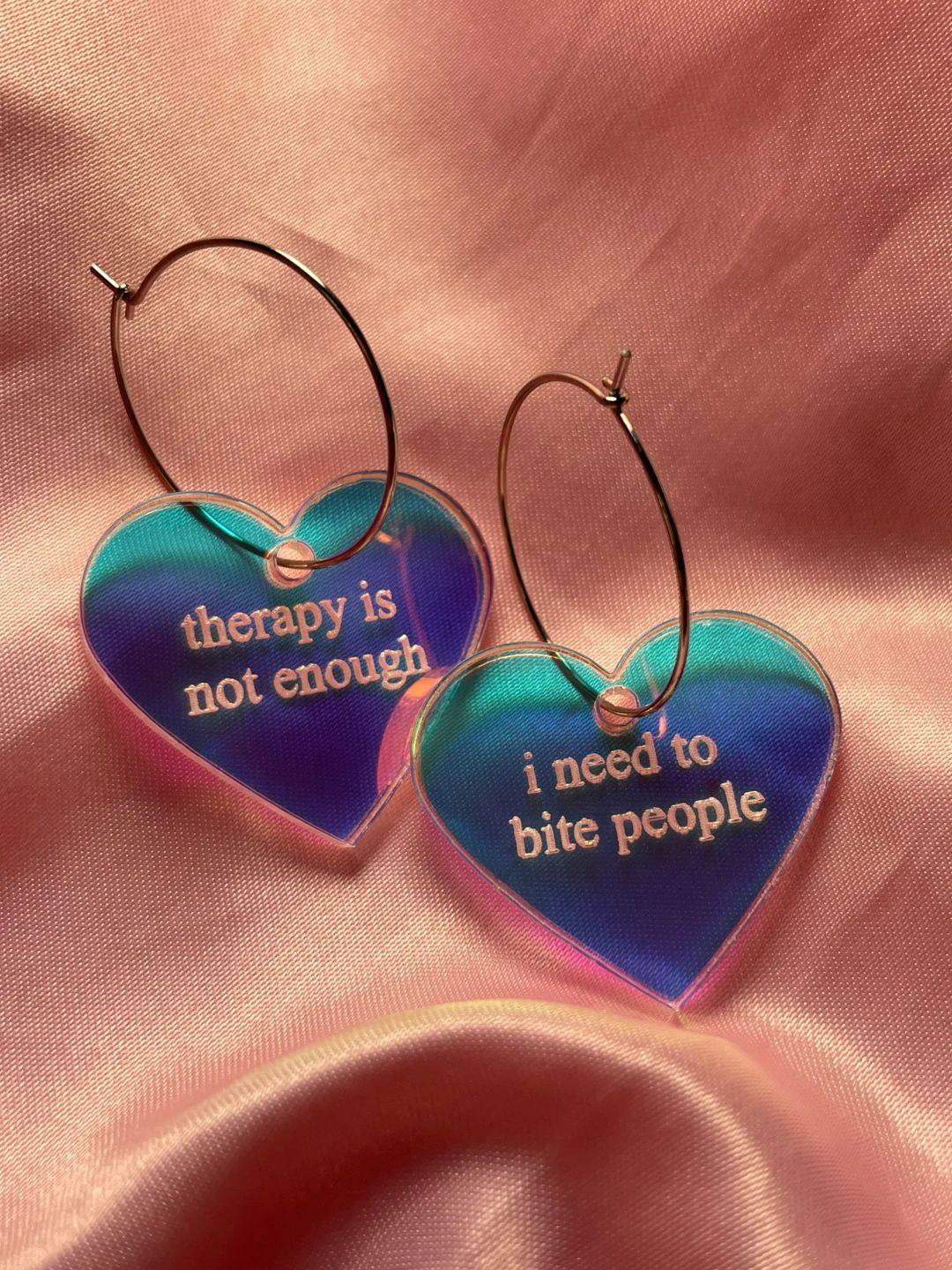 Iridescent Therapy is Not Enough I Need to Bite People Heart Hoop Earrings - Etsy | Etsy (US)