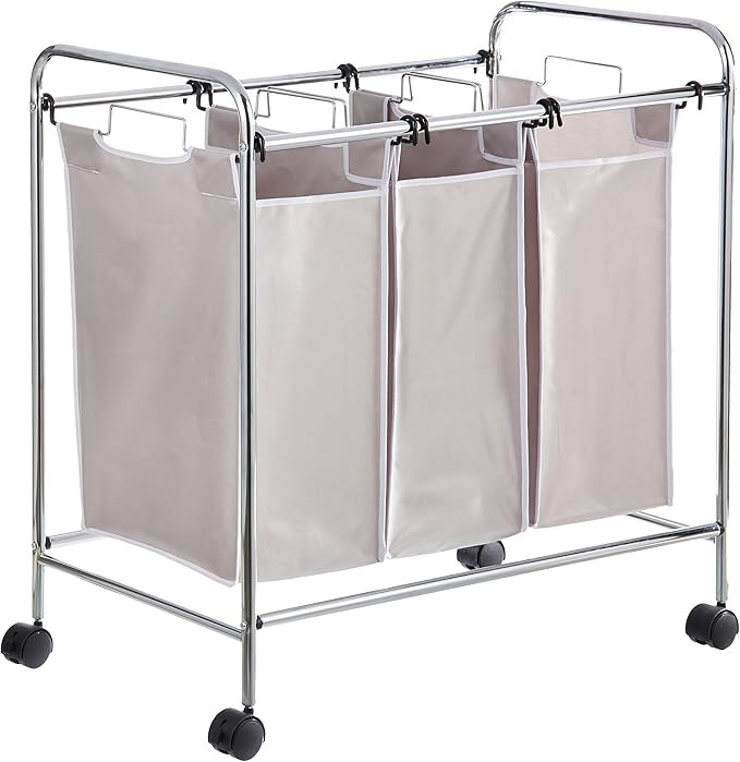 Amazon Basics 3-Bag Laundry Sorter with Removable Bags, Metal Frame, Washable, Locking Wheels, Gr... | Amazon (US)