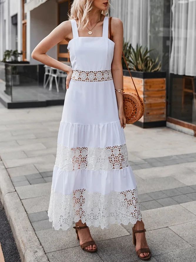 White Square Neck Lace Paneled Maxi Dress | StyleWe (US)