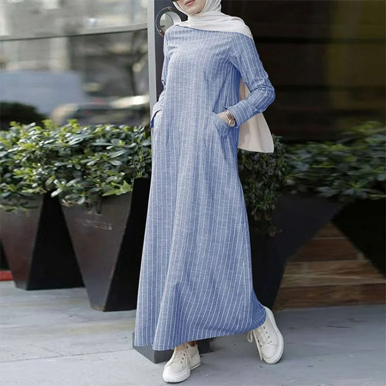 Women Muslim Cotton Linen A-Line Maxi Dress Long Sleeve Striped Abaya Turkey Hijab Robe Islamic K... | Walmart (US)