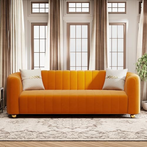 yunqishi 83.46" Orange Velvet Couch for Living Room Large Modern Sofa with Gold Metal Sphere Legs Office Upholstered Comfy 3 Seater Couches Cute Sherpa Bedroom Furniture (Orange) | Amazon (US)