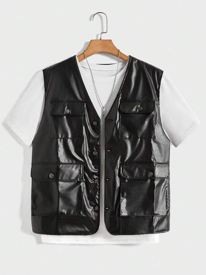 Manfinity LEGND Men Flap Pocket PU Leather Vest Jacket Without Tee | SHEIN
