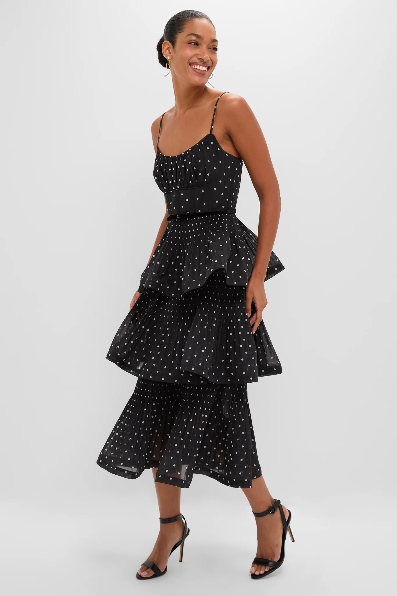 Black and Cream Polka Dot Pleated Tiered Midi Dress | Tuckernuck (US)