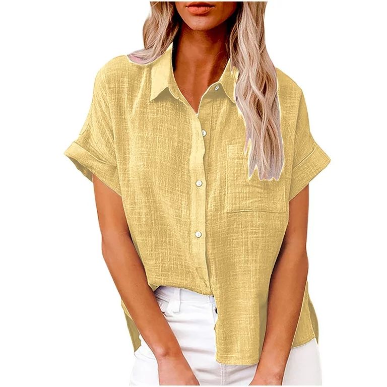 Summer Savigns Women Clearance! Nskgu Womens Tops Womens Short Sleeve Cotton Linen Button Down Up... | Walmart (US)