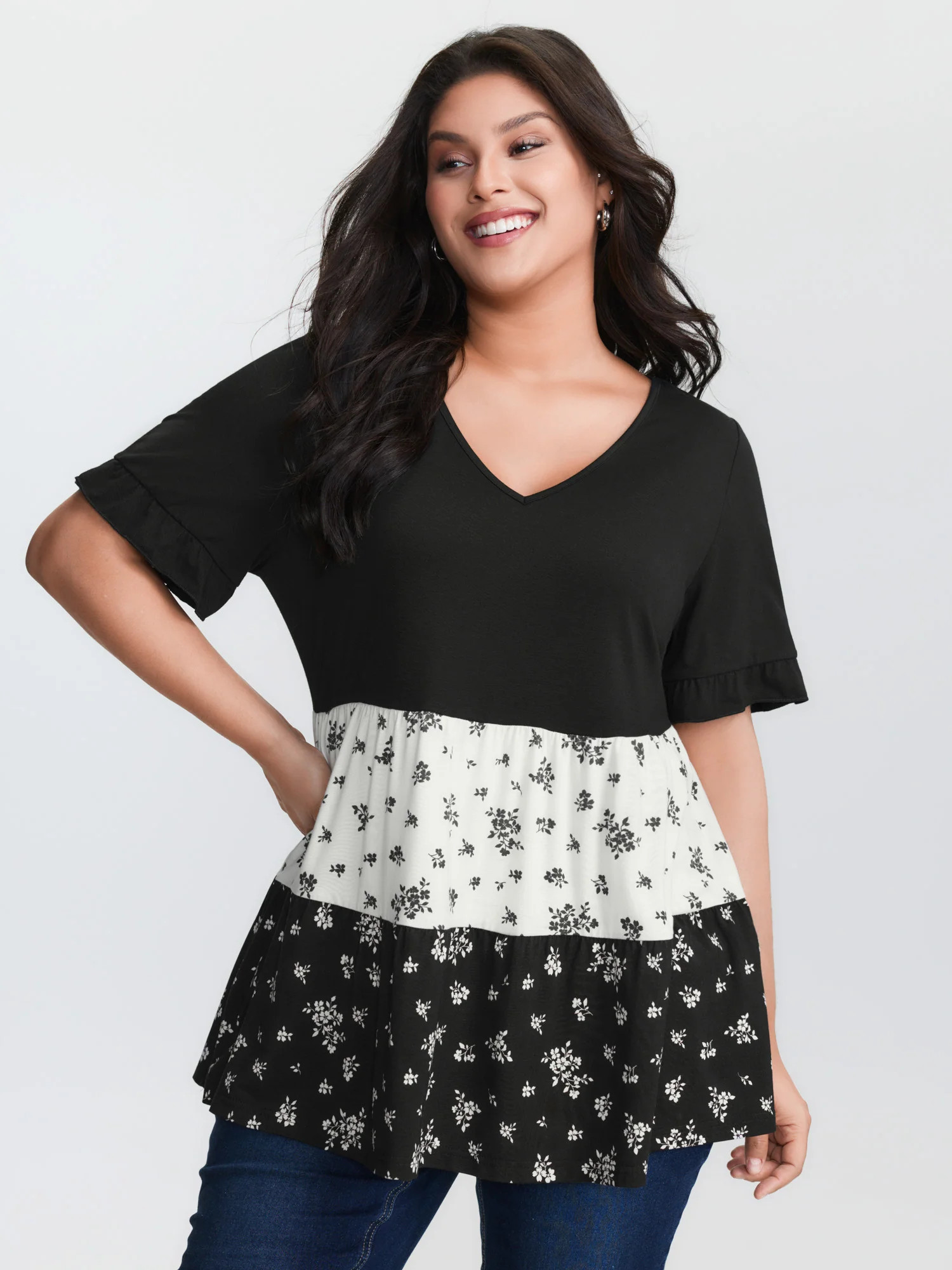 Color Contrast Floral Print Tiered Top | Bloomchic