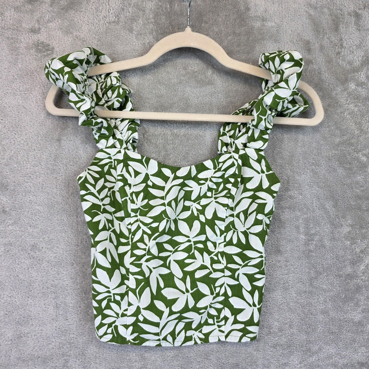 Abercrombie & Fitch Top Womens XXS Green White Leaf Print Ruffle Strap Smocked | eBay | eBay US