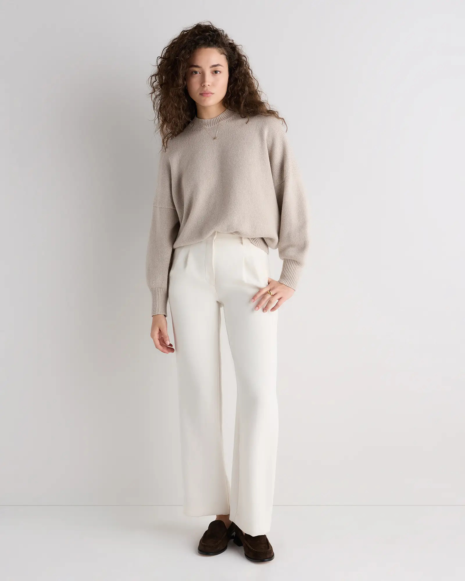 100% Mongolian Cashmere Slouchy Blouson Sleeve Crewneck in Heather Cloud Beige | Quince