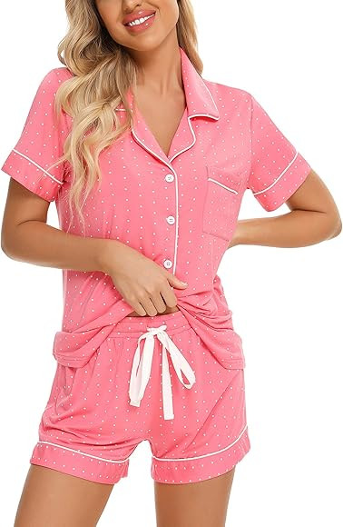 Samring Women's Button Down Pajama Set V-Neck Short Sleeve Sleepwear Soft Pj Sets S-XXL | Amazon (US)