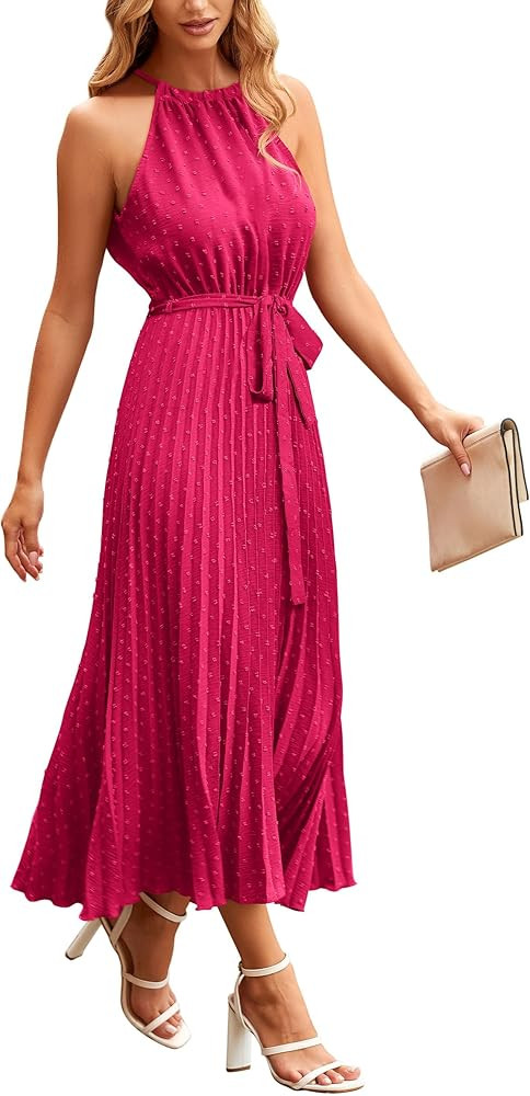 PRETTYGARDEN Women's Summer Casual Long Dress Sleeveless Halter Neck Swiss Dot Pleated Beach Maxi... | Amazon (US)