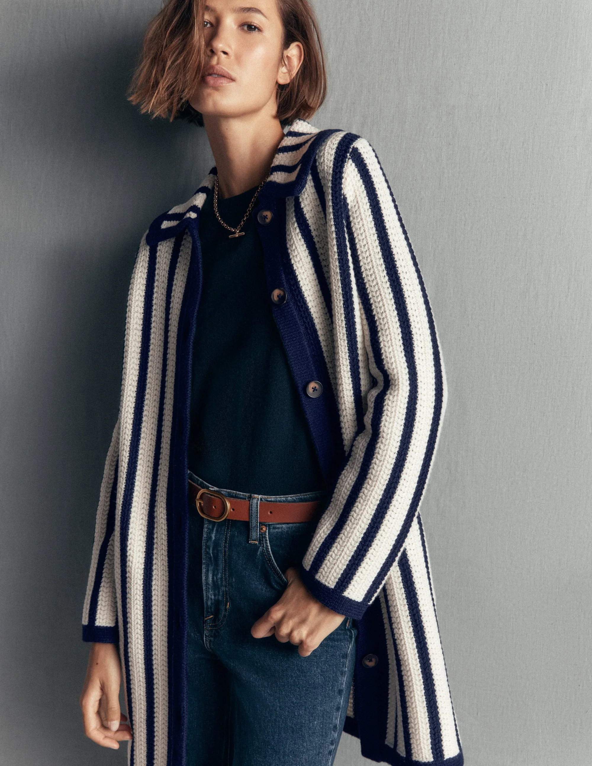 Longline Knitted Coatigan-Ivory, Navy Stripe | Boden (US)