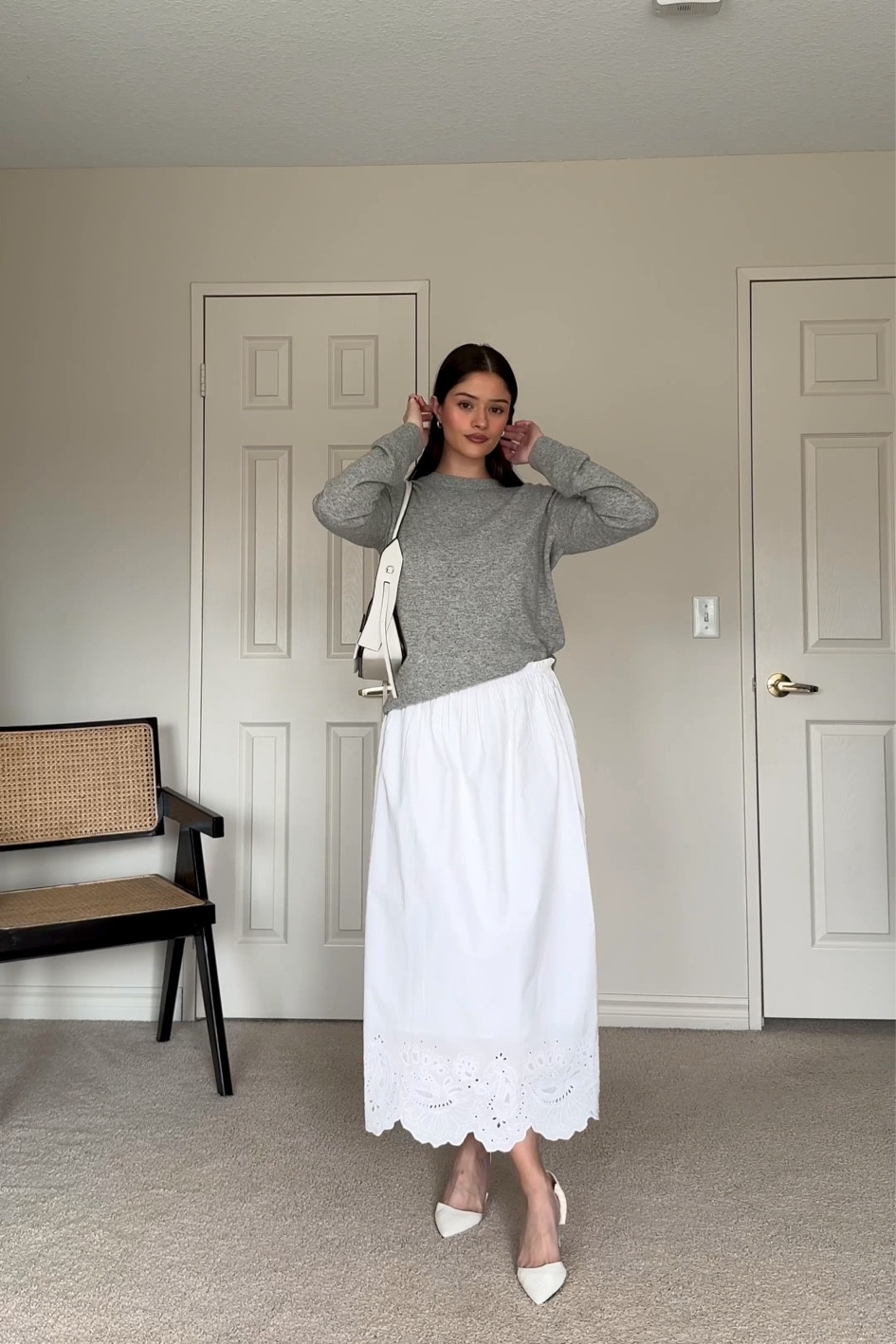 White poplin skirt and sweater outfit, prada inspired outfit