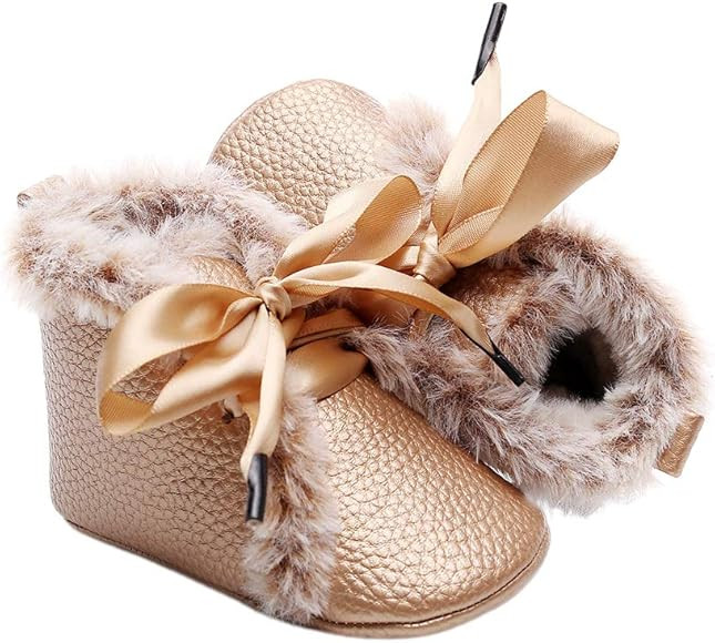 AmbabeOnline Baby Girl Boy Leather Shoes Cozy Fur Lining Bowknot Booties Newborn Infant Toddler F... | Amazon (US)
