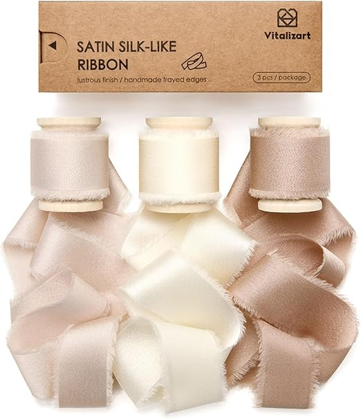 Vitalizart Silk Satin Ribbon 1 Inch x 15 Yard Wooden Spool Champagne & Nude Handmade Frayed Ribbo... | Amazon (US)