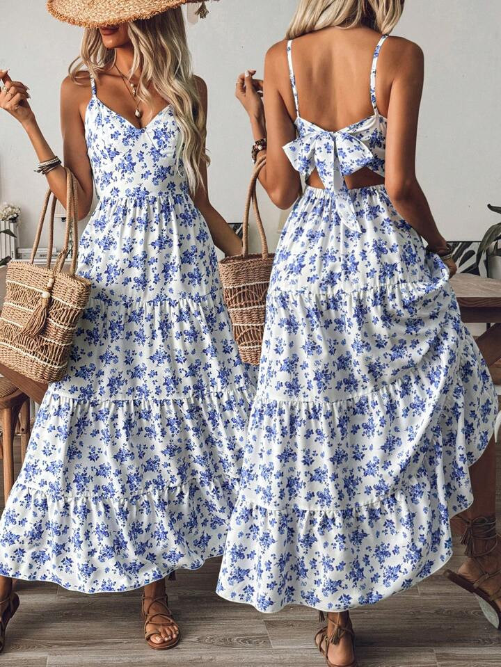 SHEIN VCAY Women's Retro Printed Simple Daily Spaghetti Strap Dress | SHEIN
