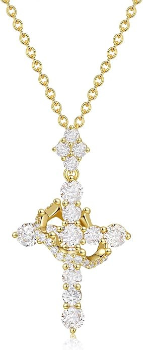 YIMERAIRE Upgraded Moissanite Crown Cross Necklace 14K Gold Vermeil 1.1 Carats Dainty Iced Out Ch... | Amazon (US)