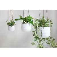 Modern Ribbed Glossy White Ceramic Hanging Planter Pot | Etsy (US)