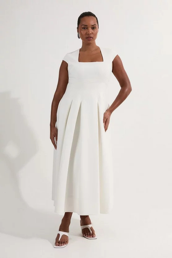 Plus Size Clean Tailored Square Neck Full Skirted Midi Dress | Karen Millen | Karen Millen UK + IE + DE + NL