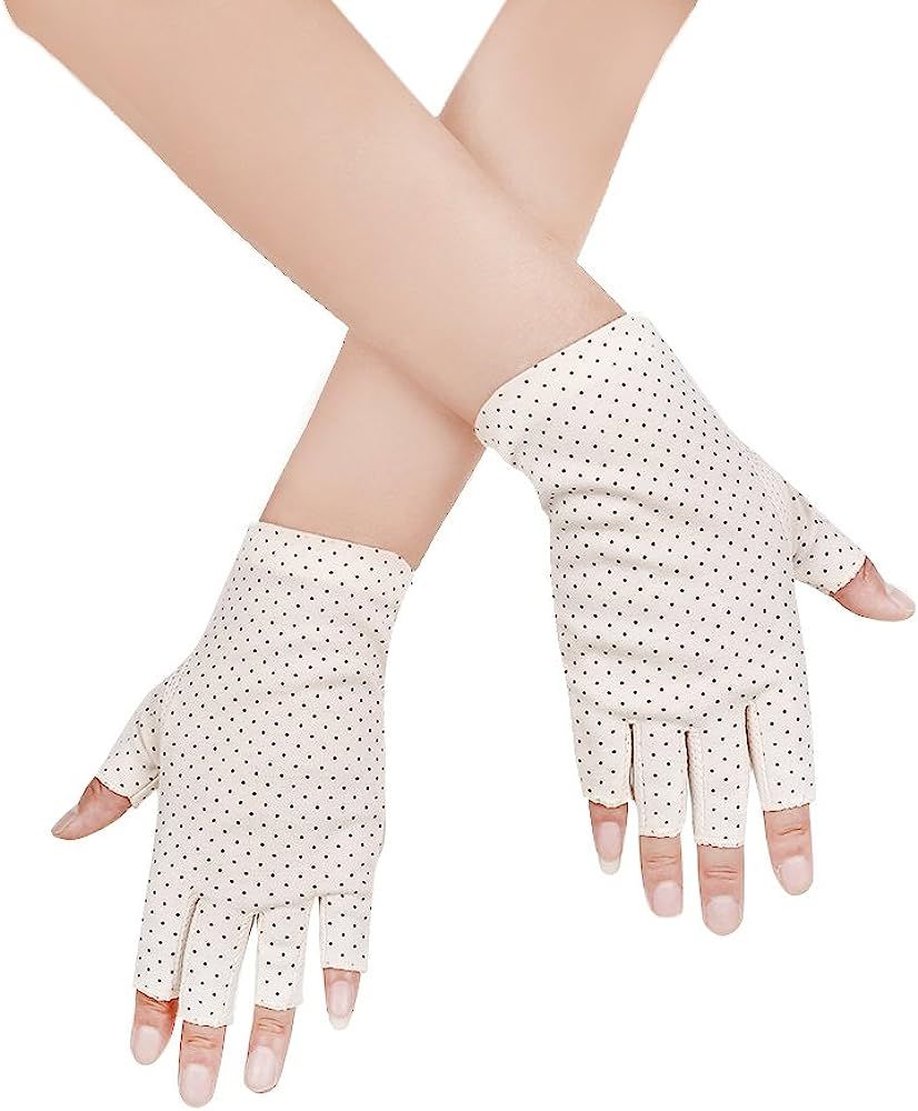 JISEN Women Sunscreen Fingerless Gloves UV Protection Driving Fishing Cotton Mittens Dots Beige | Amazon (CA)