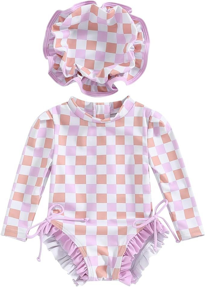 Engofs Toddler Baby Girl One Piece Swimsuit Long Sleeve Rash Guard Swimwear Summer Bathing Suit | Amazon (US)
