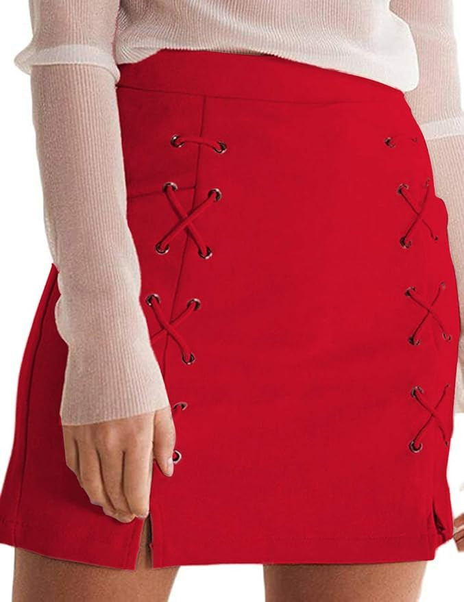 katiewens Women's Classic High Waist Lace Up Bodycon Faux Suede A Line Mini Pencil Skirt | Amazon (US)