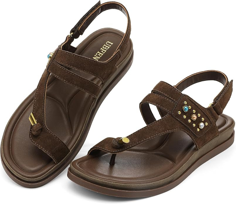 UBFEN Womens Boho Thong Sandals - Comfortable Arch Support Flat Sandals, Ankle Strap, Toe Loop, D... | Amazon (US)