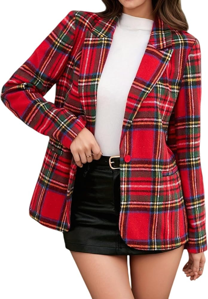 MINTLIMIT Red Plaid Blazer Jacket for Womens Long Sleeve 2025 Blazer Lapel Button Boyfriend Tarta... | Amazon (US)