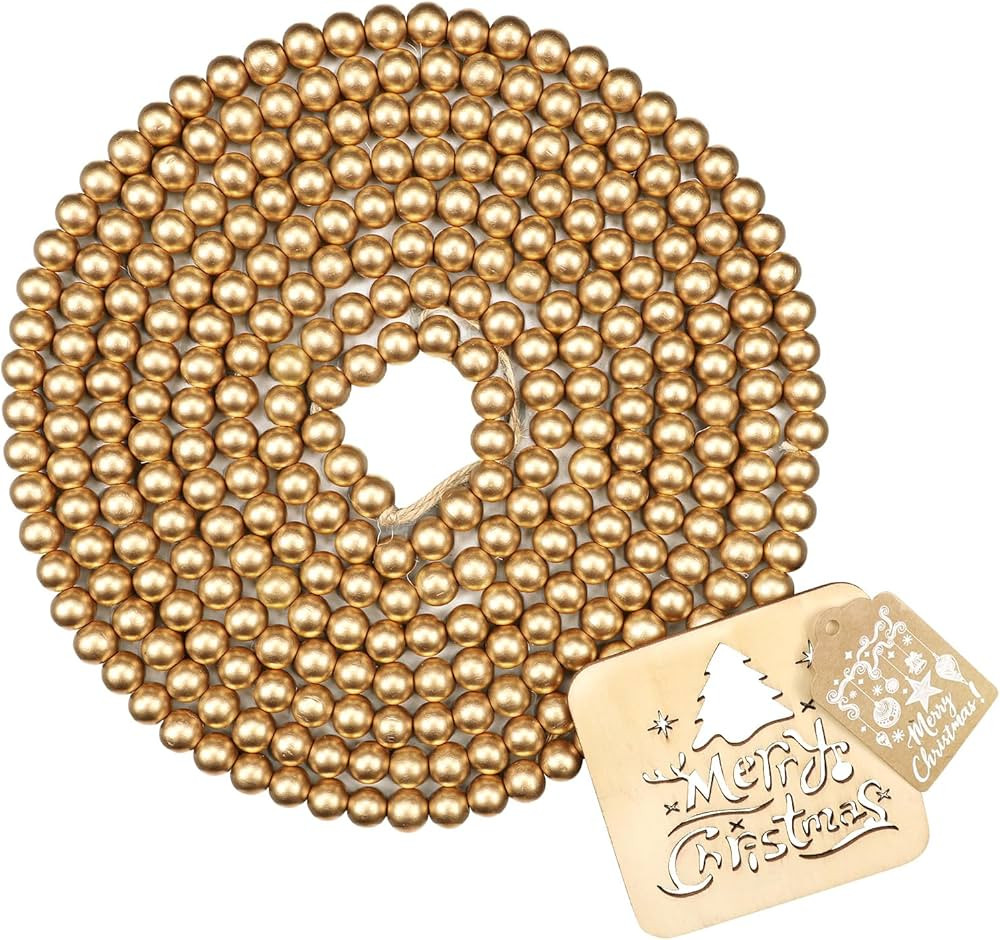 Christmas Wooden Bead Garland 12 Feet, Gold Christmas Wood Bead Garland, Gold Bead Garland for Ch... | Amazon (US)