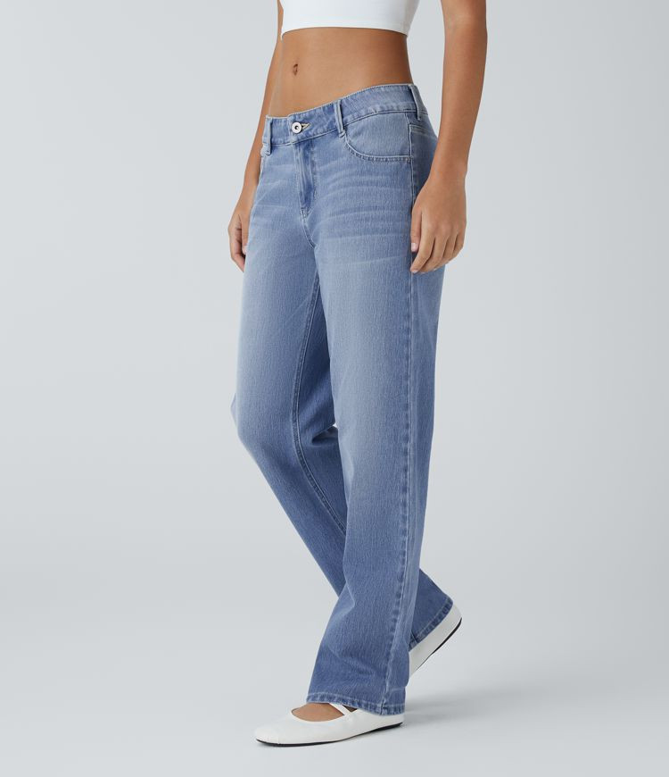 Women’s Halara Flex™ Low Rise Button Zipper Multiple Pockets Straight Leg Washed Stretchy Kni... | HALARA