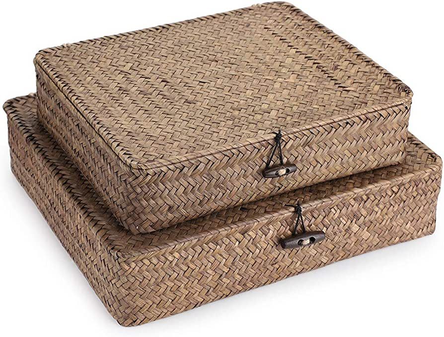 Hipiwe Set of 2 Flat Woven Wicker Storage Bins with Lid Natural Seagrass Basket Multipurpose Home Boxes for Shelf Organizer (Coffee) | Amazon (US)
