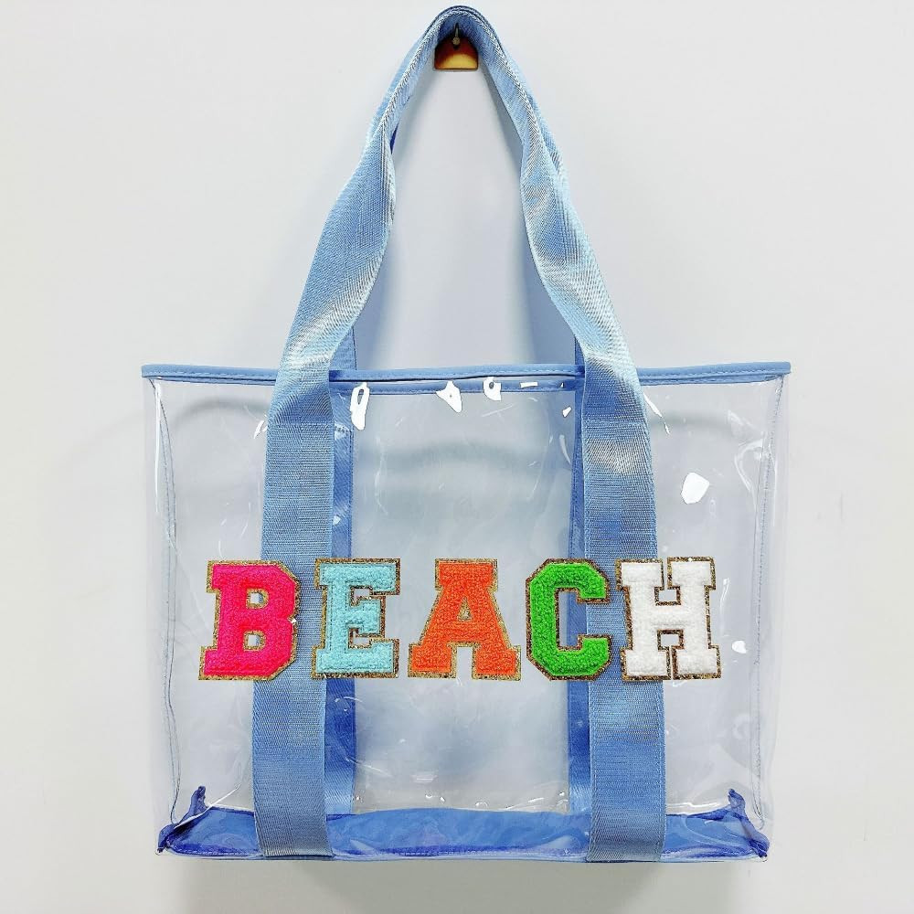 Clear Beach Bags Waterproof Clear Tote Bag with Letter Concert Stadium Messenger Shoulder Bag (Blue) | Amazon (US)