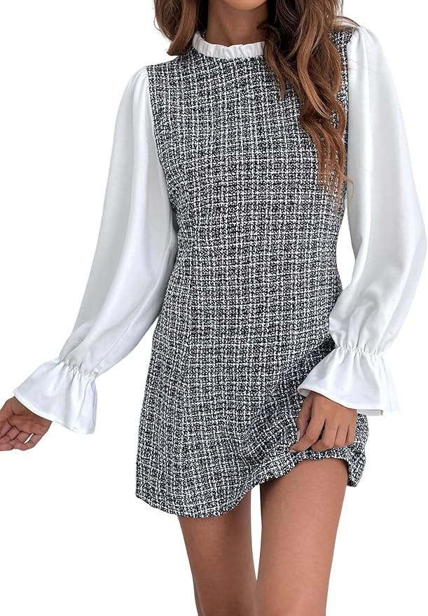 WDIRARA Women's Colorblock Plaid Stand Collar Flounce Sleeve Frill Trim Tweed A Line Mini Dress | Amazon (US)