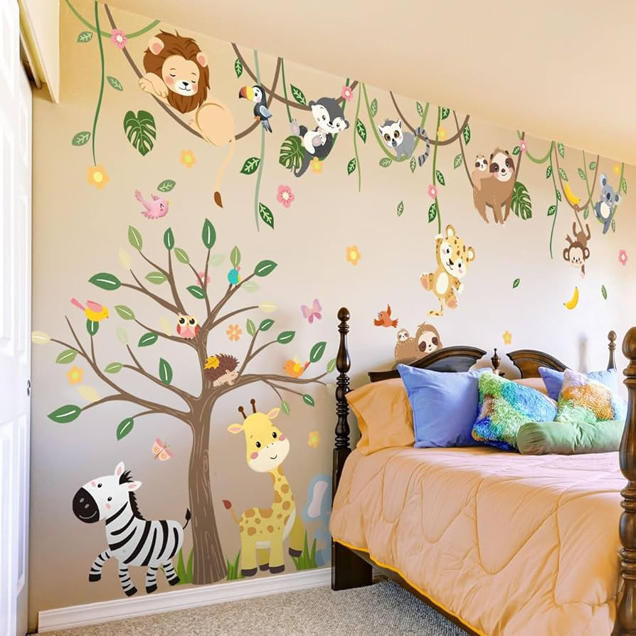 Large Jungle Animals Tree Wall Decals Safari Animals Climbing Trees Wall Stickers Elephant Giraff... | Amazon (US)