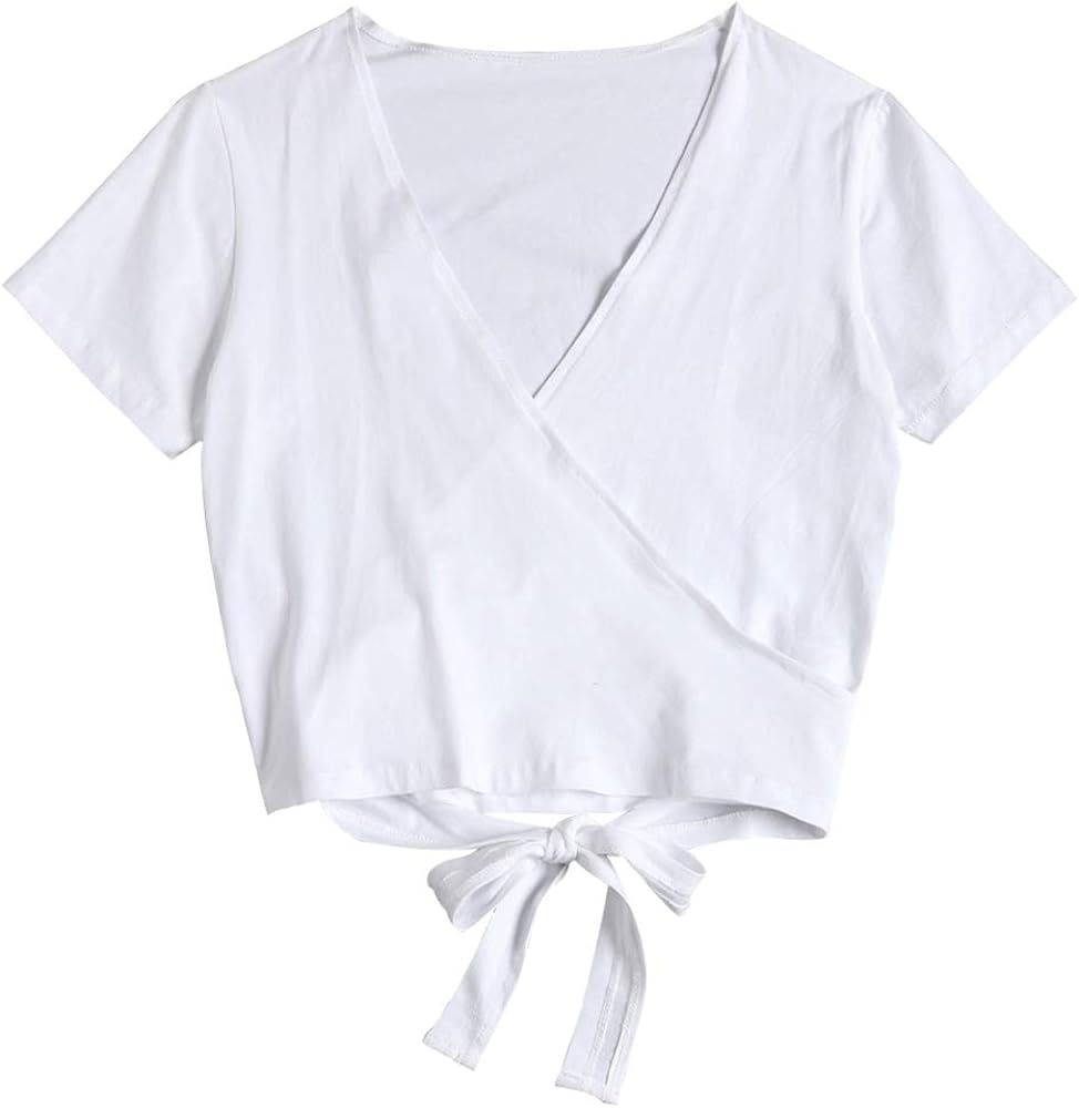 ZAFUL Women's Summer Crop Top Short Sleeve Graphic Tie Knot Front Tee T-Shirt | Amazon (US)