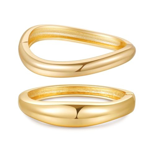 AYWFCBF 2Pcs Gold Bangle Bracelets for Women - 14K Gold Plated Chunky Bangle Stack Hinged Open Wide Cuff Bracelets - Arm Cuff Jewelry for Women | Amazon (US)