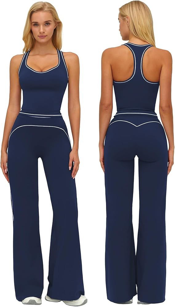 ABOCIW Two Piece Workout Sets for Women Racerback Tank Top Matching High Waist Wide Leg Yoga Pant... | Amazon (US)