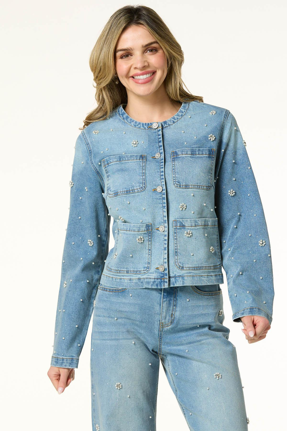 Pearl Rhinestone Denim Jacket | Cato Fashions