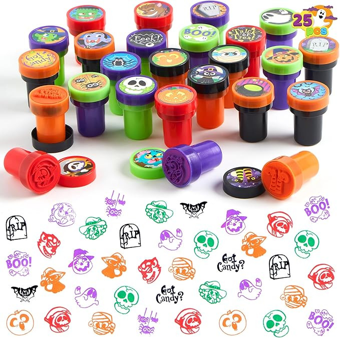 JOYIN 100 Pcs Halloween Stampers for Kids Gift, 25 Designs Assorted Plastic Stamps Bulk for Hallo... | Amazon (US)