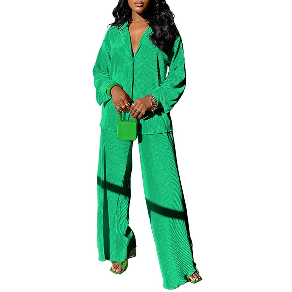 kaimimei Casual 2 Piece Outfit for Women - Linen Long Sleeve Button Down Shirt + Flare Pleated Wi... | Amazon (US)