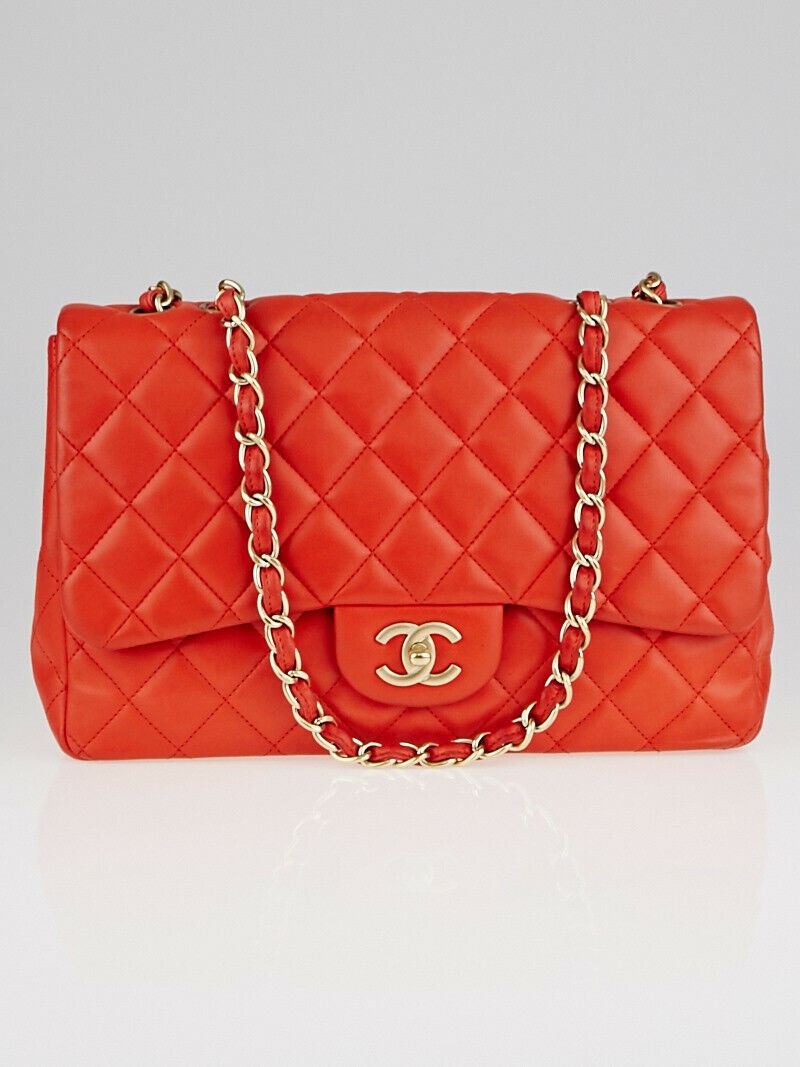 Chanel Red Quilted Lambskin Leather Classic Jumbo Single Flap Bag | eBay US