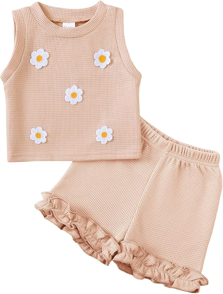 Kislio Toddler Baby Girl Outfits Floral Summer Clothes Waffle Sleeveless Tops Ruffle Shorts Cute ... | Amazon (US)