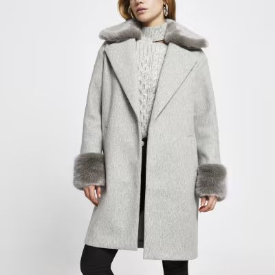 Grey faux fur collar coat | River Island (US)