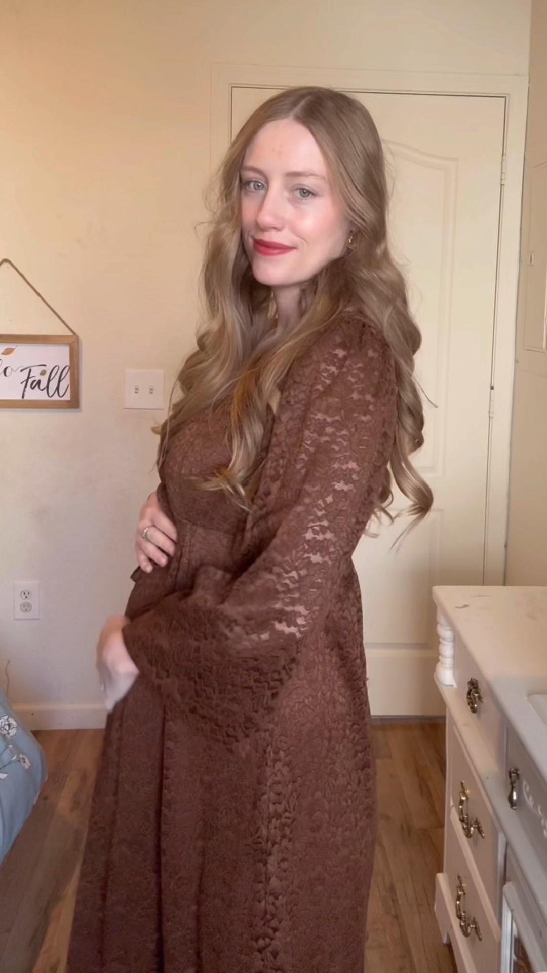 Brown lace midi dress bump friendly. 

#LTKHoliday #LTKKids #LTKBump