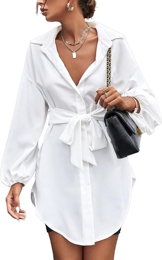 SheIn Women's Tie Front Long Bishop Sleeve Blouse Collar Button Longline Tunic Shirt Top | Amazon (US)