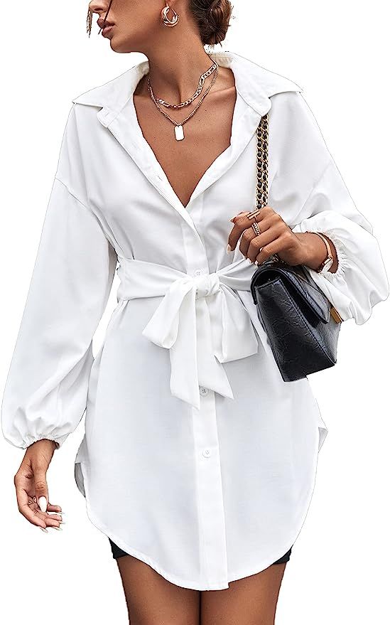 SheIn Women's Tie Front Long Bishop Sleeve Blouse Collar Button Longline Tunic Shirt Top | Amazon (US)