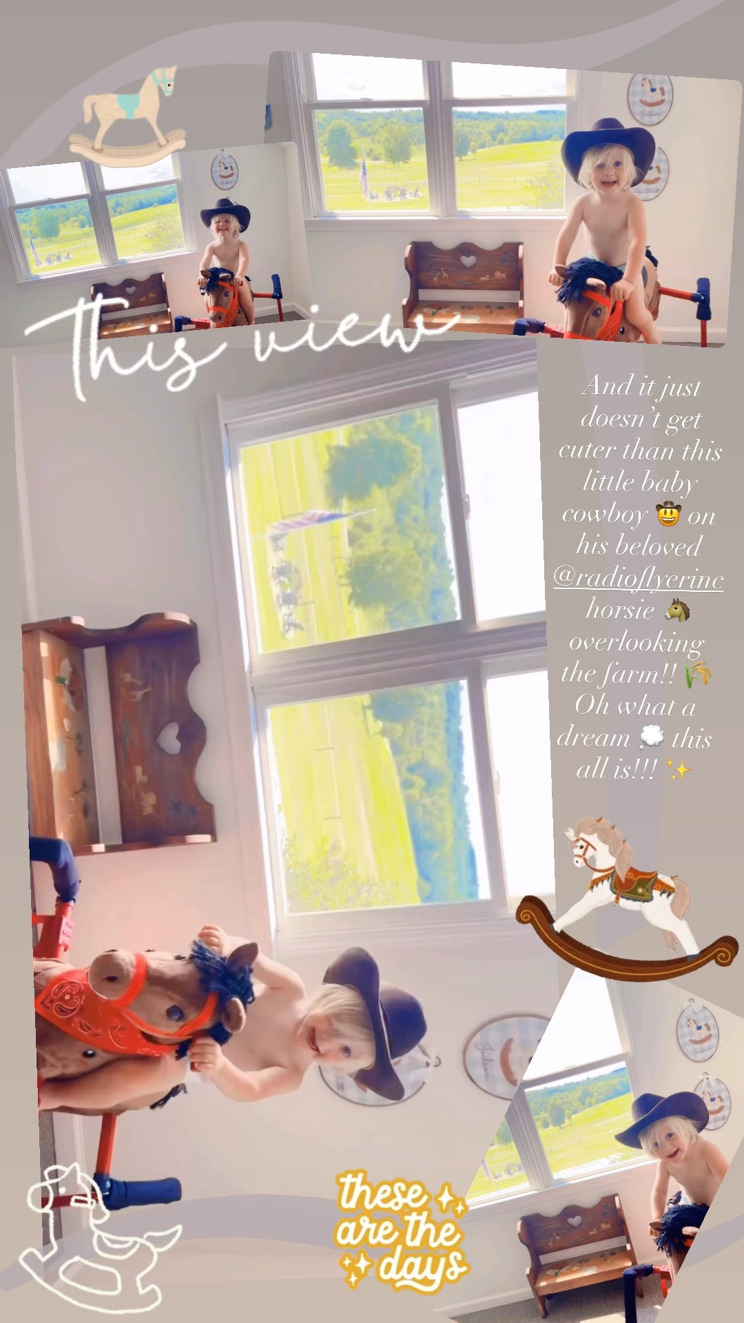 And it just doesn’t get cuter than this little baby cowboy 🤠 on his beloved @radioflyerinc horsie 🐴 overlooking the farm!! 🌾 Oh what a dream 💭 this all is!!! ✨