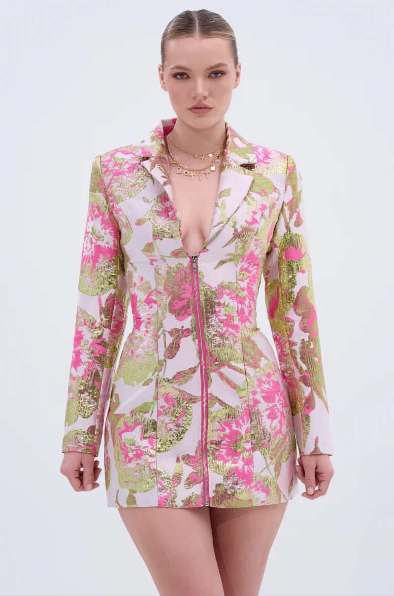 PRETTY IN PINK BROCADE BLAZER DRESS | AKIRA